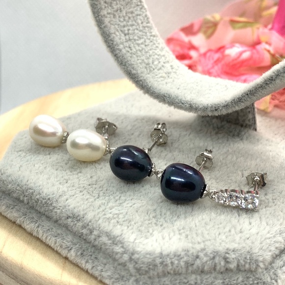 Natural Freshwater Pearl CZ S925 Earrings - Picture 3 of 6